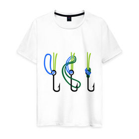 Мужская футболка хлопок с принтом Рыболовный узел в Екатеринбурге, 100% хлопок | прямой крой, круглый вырез горловины, длина до линии бедер, слегка спущенное плечо. | крючок | ноживка | рыбаку | рыбалка | рыболов | удочка