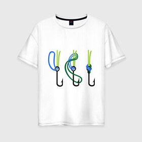 Женская футболка хлопок Oversize с принтом Рыболовный узел в Екатеринбурге, 100% хлопок | свободный крой, круглый ворот, спущенный рукав, длина до линии бедер
 | крючок | ноживка | рыбаку | рыбалка | рыболов | удочка