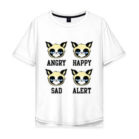 Мужская футболка хлопок Oversize с принтом Mood Cat в Екатеринбурге, 100% хлопок | свободный крой, круглый ворот, “спинка” длиннее передней части | Тематика изображения на принте: alert | angry | happy | mood cat | sad