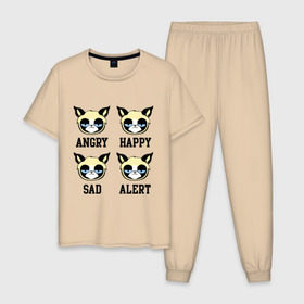 Мужская пижама хлопок с принтом Mood Cat в Екатеринбурге, 100% хлопок | брюки и футболка прямого кроя, без карманов, на брюках мягкая резинка на поясе и по низу штанин
 | Тематика изображения на принте: alert | angry | happy | mood cat | sad