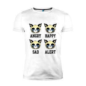 Мужская футболка премиум с принтом Mood Cat в Екатеринбурге, 92% хлопок, 8% лайкра | приталенный силуэт, круглый вырез ворота, длина до линии бедра, короткий рукав | Тематика изображения на принте: alert | angry | happy | mood cat | sad