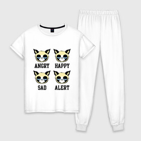 Женская пижама хлопок с принтом Mood Cat в Екатеринбурге, 100% хлопок | брюки и футболка прямого кроя, без карманов, на брюках мягкая резинка на поясе и по низу штанин | alert | angry | happy | mood cat | sad