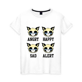Женская футболка хлопок с принтом Mood Cat в Екатеринбурге, 100% хлопок | прямой крой, круглый вырез горловины, длина до линии бедер, слегка спущенное плечо | Тематика изображения на принте: alert | angry | happy | mood cat | sad