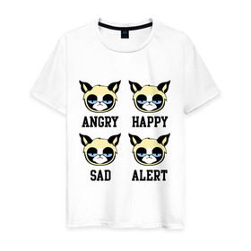 Мужская футболка хлопок с принтом Mood Cat в Екатеринбурге, 100% хлопок | прямой крой, круглый вырез горловины, длина до линии бедер, слегка спущенное плечо. | Тематика изображения на принте: alert | angry | happy | mood cat | sad