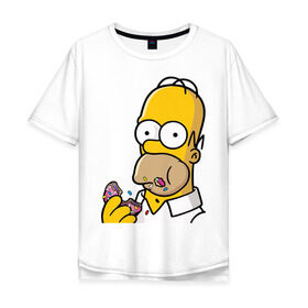 Мужская футболка хлопок Oversize с принтом Гомер с Пончиком в Екатеринбурге, 100% хлопок | свободный крой, круглый ворот, “спинка” длиннее передней части | homer simpsons | simpsons | гомер симпсон | для влюбленных | для двоих | для пар | парные | симпсоны
