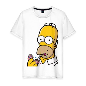 Мужская футболка хлопок с принтом Гомер с Пончиком в Екатеринбурге, 100% хлопок | прямой крой, круглый вырез горловины, длина до линии бедер, слегка спущенное плечо. | homer simpsons | simpsons | гомер симпсон | для влюбленных | для двоих | для пар | парные | симпсоны