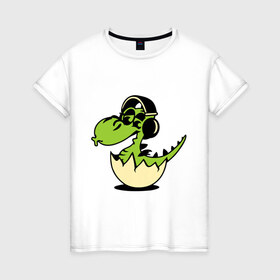 Женская футболка хлопок с принтом Дракоша в наушниках в Екатеринбурге, 100% хлопок | прямой крой, круглый вырез горловины, длина до линии бедер, слегка спущенное плечо | дракон в яйце | дракоша | дракоша в наушниках | дракоша в наушниках в яйце | зеленый дракоша