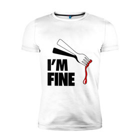 Мужская футболка премиум с принтом I `m Fine Fork в Екатеринбурге, 92% хлопок, 8% лайкра | приталенный силуэт, круглый вырез ворота, длина до линии бедра, короткий рукав | fine | вилка | кровь | я в порядке