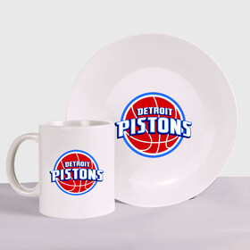 Набор: тарелка + кружка с принтом Detroit Pistons - logo в Екатеринбурге, керамика | Кружка: объем — 330 мл, диаметр — 80 мм. Принт наносится на бока кружки, можно сделать два разных изображения. 
Тарелка: диаметр - 210 мм, диаметр для нанесения принта - 120 мм. | basketball | nba | баскетболл | детроит | лого баскетбольных клубов | нба