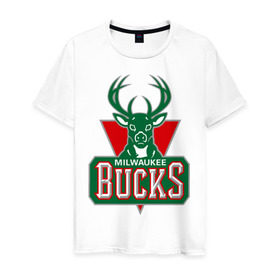 Мужская футболка хлопок с принтом Milwaukee Bucks - logo в Екатеринбурге, 100% хлопок | прямой крой, круглый вырез горловины, длина до линии бедер, слегка спущенное плечо. | basketball | nba | баскетболл | лого баскетбольных клубов | нба