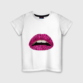 Детская футболка хлопок с принтом Pink leopard lips в Екатеринбурге, 100% хлопок | круглый вырез горловины, полуприлегающий силуэт, длина до линии бедер | lips | губы | леопард | помада | поцелуй