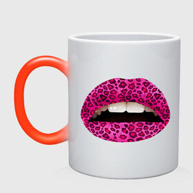 Кружка хамелеон с принтом Pink leopard lips в Екатеринбурге, керамика | меняет цвет при нагревании, емкость 330 мл | lips | губы | леопард | помада | поцелуй
