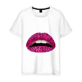 Мужская футболка хлопок с принтом Pink leopard lips в Екатеринбурге, 100% хлопок | прямой крой, круглый вырез горловины, длина до линии бедер, слегка спущенное плечо. | lips | губы | леопард | помада | поцелуй