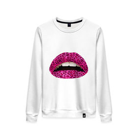 Женский свитшот хлопок с принтом Pink leopard lips в Екатеринбурге, 100% хлопок | прямой крой, круглый вырез, на манжетах и по низу широкая трикотажная резинка  | lips | губы | леопард | помада | поцелуй