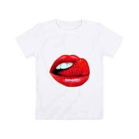 Детская футболка хлопок с принтом Губы с клубникой в Екатеринбурге, 100% хлопок | круглый вырез горловины, полуприлегающий силуэт, длина до линии бедер | lips | виктория | губы | клубника | красная помада | поцелуй | ягода | язык