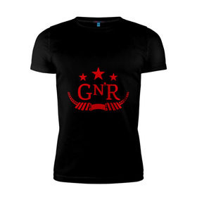 Мужская футболка премиум с принтом GNR red в Екатеринбурге, 92% хлопок, 8% лайкра | приталенный силуэт, круглый вырез ворота, длина до линии бедра, короткий рукав | guns and roses | guns n roses | rock | ганс н роуз | музыка | рок