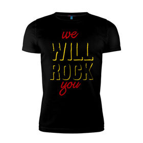Мужская футболка премиум с принтом We will rock you! в Екатеринбурге, 92% хлопок, 8% лайкра | приталенный силуэт, круглый вырез ворота, длина до линии бедра, короткий рукав | freddie mercury | queen | классический рок | куин | рок группа | фредди меркьюри