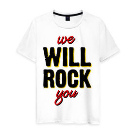 Мужская футболка хлопок с принтом We will rock you! в Екатеринбурге, 100% хлопок | прямой крой, круглый вырез горловины, длина до линии бедер, слегка спущенное плечо. | freddie mercury | queen | классический рок | куин | рок группа | фредди меркьюри