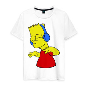 Мужская футболка хлопок с принтом Барт в наушниках в Екатеринбурге, 100% хлопок | прямой крой, круглый вырез горловины, длина до линии бедер, слегка спущенное плечо. | bart | bart simpson | simpsons | барт в наушниках | барт симпсон | голова барта | симпсоны | симсоны