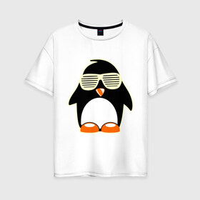 Женская футболка хлопок Oversize с принтом Пингвин в очках-жалюзи glow в Екатеринбурге, 100% хлопок | свободный крой, круглый ворот, спущенный рукав, длина до линии бедер
 | пингвин
