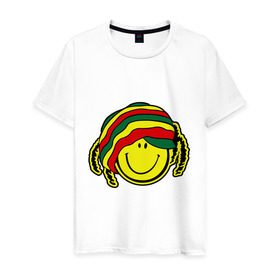 Мужская футболка хлопок с принтом Cмайл-растаман в Екатеринбурге, 100% хлопок | прямой крой, круглый вырез горловины, длина до линии бедер, слегка спущенное плечо. | Тематика изображения на принте: дреды | настроение | позитив | раста | смайлик | улыбка