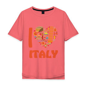 Мужская футболка хлопок Oversize с принтом Я люблю Италию в Екатеринбурге, 100% хлопок | свободный крой, круглый ворот, “спинка” длиннее передней части | Тематика изображения на принте: башня пейзанская | италия | колизей | пицца | я люблю италию