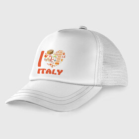 Детская кепка тракер с принтом Я люблю Италию в Екатеринбурге, Козырек - 100% хлопок. Кепка - 100% полиэстер, Задняя часть - сетка | универсальный размер, пластиковая застёжка | Тематика изображения на принте: башня пейзанская | италия | колизей | пицца | я люблю италию