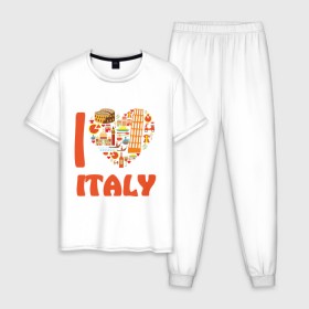 Мужская пижама хлопок с принтом Я люблю Италию в Екатеринбурге, 100% хлопок | брюки и футболка прямого кроя, без карманов, на брюках мягкая резинка на поясе и по низу штанин
 | Тематика изображения на принте: башня пейзанская | италия | колизей | пицца | я люблю италию