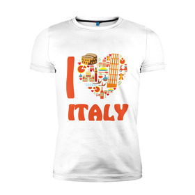 Мужская футболка премиум с принтом Я люблю Италию в Екатеринбурге, 92% хлопок, 8% лайкра | приталенный силуэт, круглый вырез ворота, длина до линии бедра, короткий рукав | Тематика изображения на принте: башня пейзанская | италия | колизей | пицца | я люблю италию