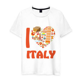 Мужская футболка хлопок с принтом Я люблю Италию в Екатеринбурге, 100% хлопок | прямой крой, круглый вырез горловины, длина до линии бедер, слегка спущенное плечо. | Тематика изображения на принте: башня пейзанская | италия | колизей | пицца | я люблю италию
