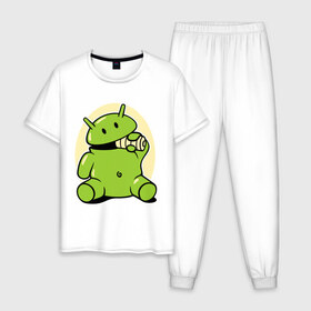 Мужская пижама хлопок с принтом Андроид кушает батарейку в Екатеринбурге, 100% хлопок | брюки и футболка прямого кроя, без карманов, на брюках мягкая резинка на поясе и по низу штанин
 | adnroid | андроид | андроид кушает батарейку | андройд