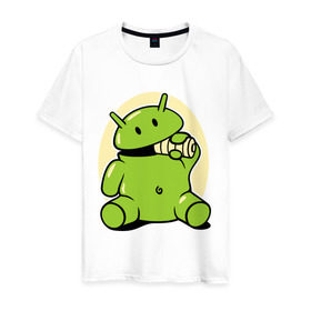 Мужская футболка хлопок с принтом Андроид кушает батарейку в Екатеринбурге, 100% хлопок | прямой крой, круглый вырез горловины, длина до линии бедер, слегка спущенное плечо. | adnroid | андроид | андроид кушает батарейку | андройд