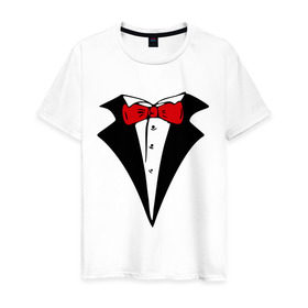 Мужская футболка хлопок с принтом Смокинг и красная бабочка в Екатеринбурге, 100% хлопок | прямой крой, круглый вырез горловины, длина до линии бедер, слегка спущенное плечо. | смокинг