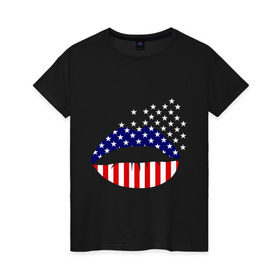 Женская футболка хлопок с принтом Американские губы в Екатеринбурге, 100% хлопок | прямой крой, круглый вырез горловины, длина до линии бедер, слегка спущенное плечо | американский флаг | губы | флаг америки | флаг сша