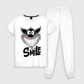 Женская пижама хлопок с принтом Улыбка Smile в Екатеринбурге, 100% хлопок | брюки и футболка прямого кроя, без карманов, на брюках мягкая резинка на поясе и по низу штанин | smile | волк | смайл | смайлик | улыбка