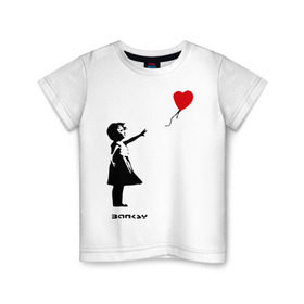 Детская футболка хлопок с принтом Девочка с шариком-сердечком в Екатеринбурге, 100% хлопок | круглый вырез горловины, полуприлегающий силуэт, длина до линии бедер | banksy | бенкси | бэнкси | графити | граффити | девочка с сердечком | девочка с шариком | девочка с шариком сердечком | стрит арт | стритарт