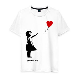 Мужская футболка хлопок с принтом Девочка с шариком-сердечком в Екатеринбурге, 100% хлопок | прямой крой, круглый вырез горловины, длина до линии бедер, слегка спущенное плечо. | banksy | бенкси | бэнкси | графити | граффити | девочка с сердечком | девочка с шариком | девочка с шариком сердечком | стрит арт | стритарт