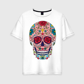 Женская футболка хлопок Oversize с принтом Oldschool skull в Екатеринбурге, 100% хлопок | свободный крой, круглый ворот, спущенный рукав, длина до линии бедер
 | oldschool | skull | олд скул | олдскул | цветочный орнамент | цветы | череп | черепа