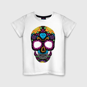 Детская футболка хлопок с принтом Skull mexica в Екатеринбурге, 100% хлопок | круглый вырез горловины, полуприлегающий силуэт, длина до линии бедер | Тематика изображения на принте: skull | мексика | мексиканский череп | череп | черепа