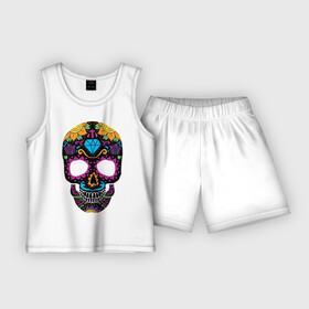 Детская пижама с шортами хлопок с принтом Skull mexica в Екатеринбурге,  |  | skull | мексика | мексиканский череп | череп | черепа
