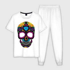 Мужская пижама хлопок с принтом Skull mexica в Екатеринбурге, 100% хлопок | брюки и футболка прямого кроя, без карманов, на брюках мягкая резинка на поясе и по низу штанин
 | skull | мексика | мексиканский череп | череп | черепа