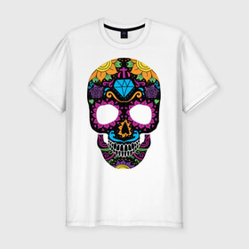 Мужская футболка премиум с принтом Skull mexica в Екатеринбурге, 92% хлопок, 8% лайкра | приталенный силуэт, круглый вырез ворота, длина до линии бедра, короткий рукав | skull | мексика | мексиканский череп | череп | черепа
