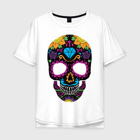 Мужская футболка хлопок Oversize с принтом Skull mexica в Екатеринбурге, 100% хлопок | свободный крой, круглый ворот, “спинка” длиннее передней части | skull | мексика | мексиканский череп | череп | черепа