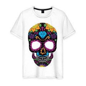 Мужская футболка хлопок с принтом Skull mexica в Екатеринбурге, 100% хлопок | прямой крой, круглый вырез горловины, длина до линии бедер, слегка спущенное плечо. | Тематика изображения на принте: skull | мексика | мексиканский череп | череп | черепа