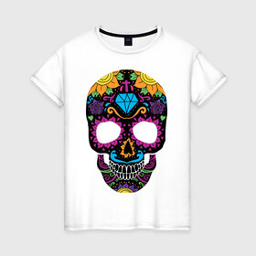 Женская футболка хлопок с принтом Skull mexica в Екатеринбурге, 100% хлопок | прямой крой, круглый вырез горловины, длина до линии бедер, слегка спущенное плечо | skull | мексика | мексиканский череп | череп | черепа