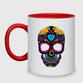 Кружка двухцветная с принтом Skull mexica в Екатеринбурге, керамика | объем — 330 мл, диаметр — 80 мм. Цветная ручка и кайма сверху, в некоторых цветах — вся внутренняя часть | skull | мексика | мексиканский череп | череп | черепа