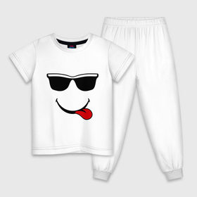 Детская пижама хлопок с принтом Мы на позитиве (язык справа) в Екатеринбурге, 100% хлопок |  брюки и футболка прямого кроя, без карманов, на брюках мягкая резинка на поясе и по низу штанин
 | Тематика изображения на принте: smile | очки | парные | позитив | смайл