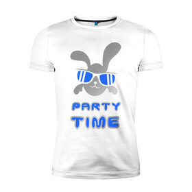Мужская футболка премиум с принтом It `s party time в Екатеринбурге, 92% хлопок, 8% лайкра | приталенный силуэт, круглый вырез ворота, длина до линии бедра, короткий рукав | вечеринка | зайчик | заяц | клубные | очки | тусовка