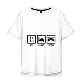 Мужская футболка хлопок Oversize с принтом Eat sleep game в Екатеринбурге, 100% хлопок | свободный крой, круглый ворот, “спинка” длиннее передней части | Тематика изображения на принте: джойстик | еда | есть | играть | компьютерные игры | постель | спать