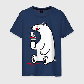 Мужская футболка хлопок с принтом Белый медведь ест эскимоса в Екатеринбурге, 100% хлопок | прямой крой, круглый вырез горловины, длина до линии бедер, слегка спущенное плечо. | Тематика изображения на принте: белый медведь | белый медведь ест эскимоса | медведь | эскимос мороженное